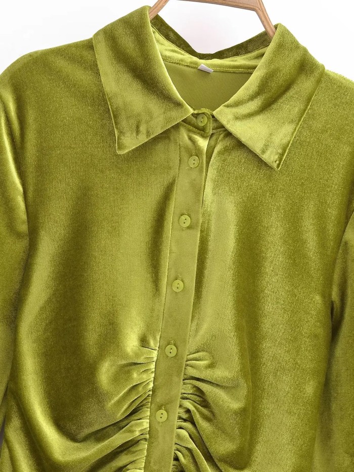 Womens Green Slim Line Ruched Velvet Shirt Button up Mini Dress Womens Green Slim Line Ruched Velvet Shirt Button up Mini Dress
