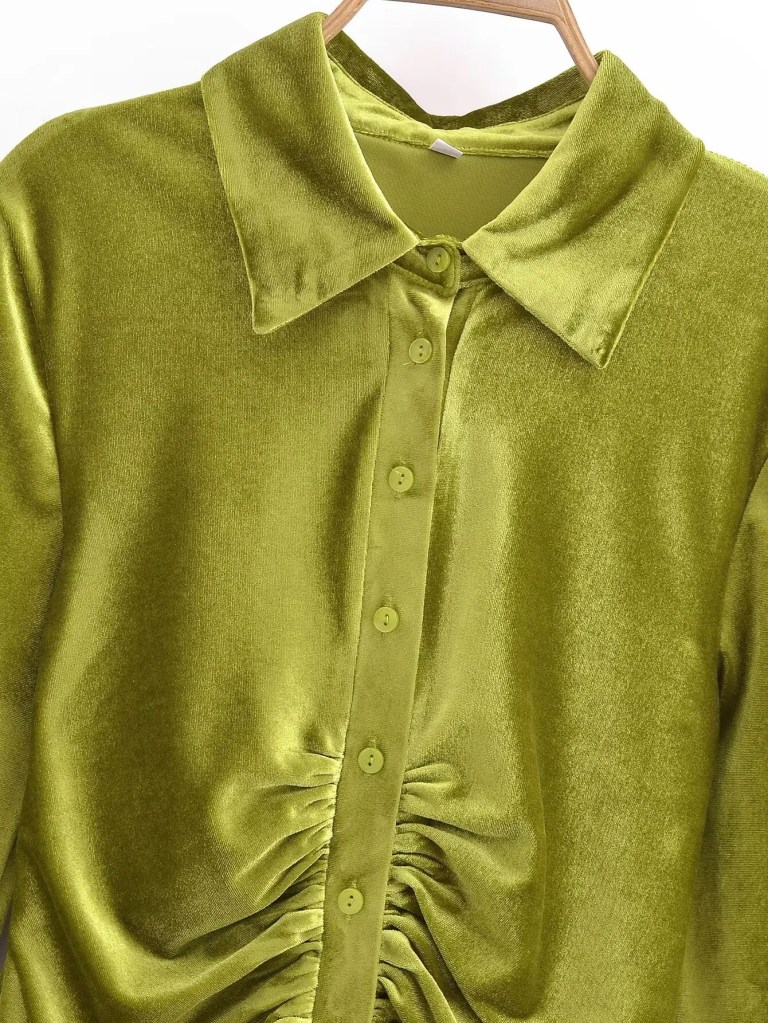 Womens Green Slim Line Ruched Velvet Shirt Button up Mini Dress