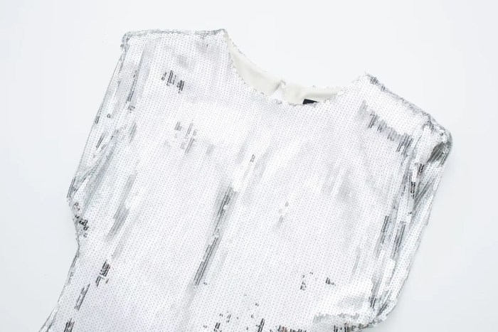 Womens Sleeveless Sequined Tassel Silver Round Collar Mini Dress Womens Sleeveless Sequined Tassel Silver Round Collar Mini Dress
