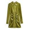 Womens Green Slim Line Ruched Velvet Shirt Button up Mini Dress Womens Green Slim Line Ruched Velvet Shirt Button up Mini Dress