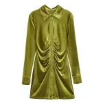 Womens Green Slim Line Ruched Velvet Shirt Button up Mini Dress