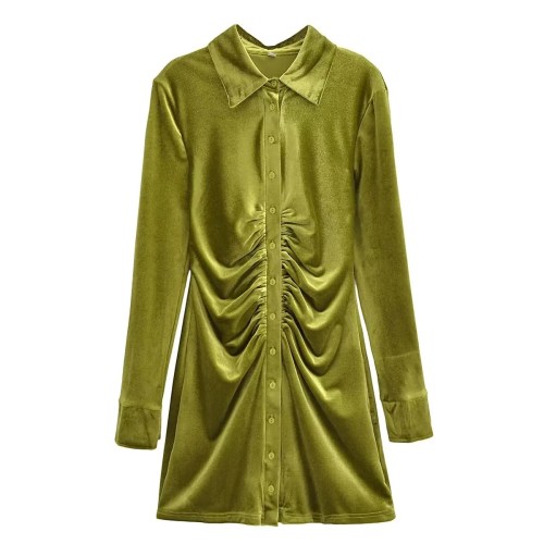 Womens Green Slim Line Ruched Velvet Shirt Button up Mini Dress