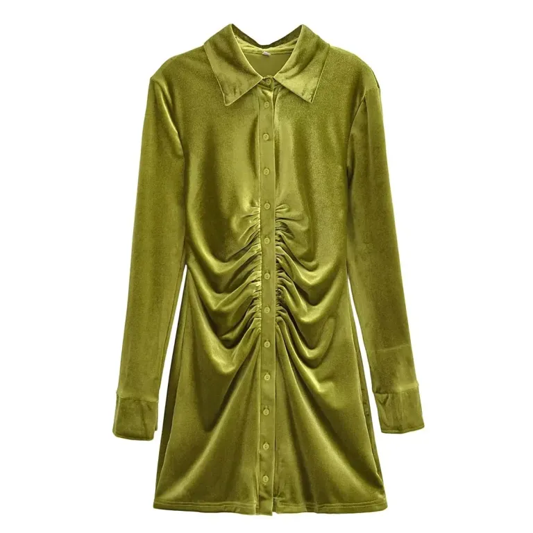 Womens Green Slim Line Ruched Velvet Shirt Button up Mini Dress