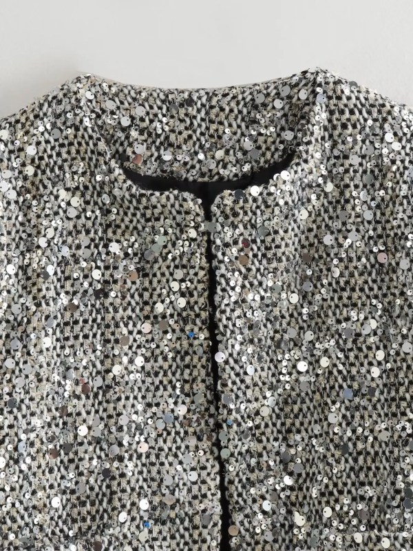 Womens Sequin Tweed Round Collar Vintage Jacket