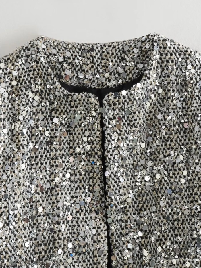 Womens Sequin Tweed Round Collar Vintage Jacket