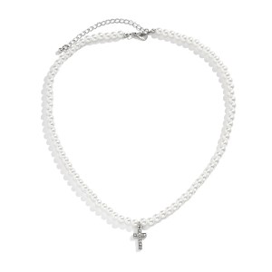 Men’s Pearl Beads Chain with Shiny Rhinestone Cross Necklace