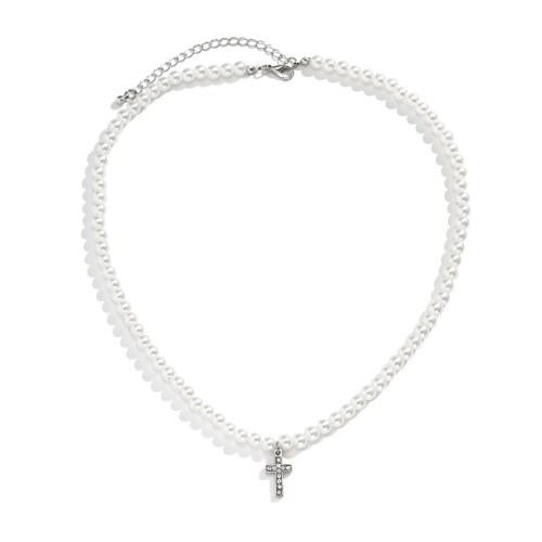 Men’s Pearl Beads Chain with Shiny Rhinestone Cross Necklace Men’s Pearl Beads Chain with Shiny Rhinestone Cross Necklace