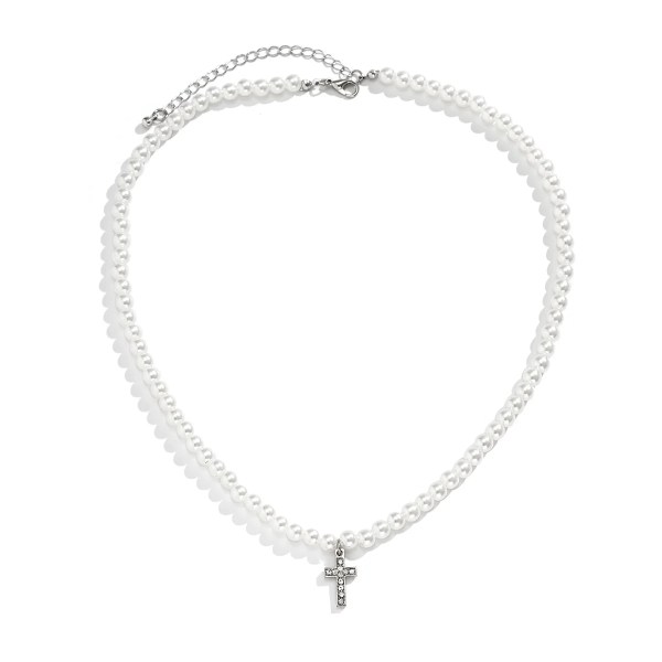 Men’s Pearl Beads Chain with Shiny Rhinestone Cross Necklace Men’s Pearl Beads Chain with Shiny Rhinestone Cross Necklace