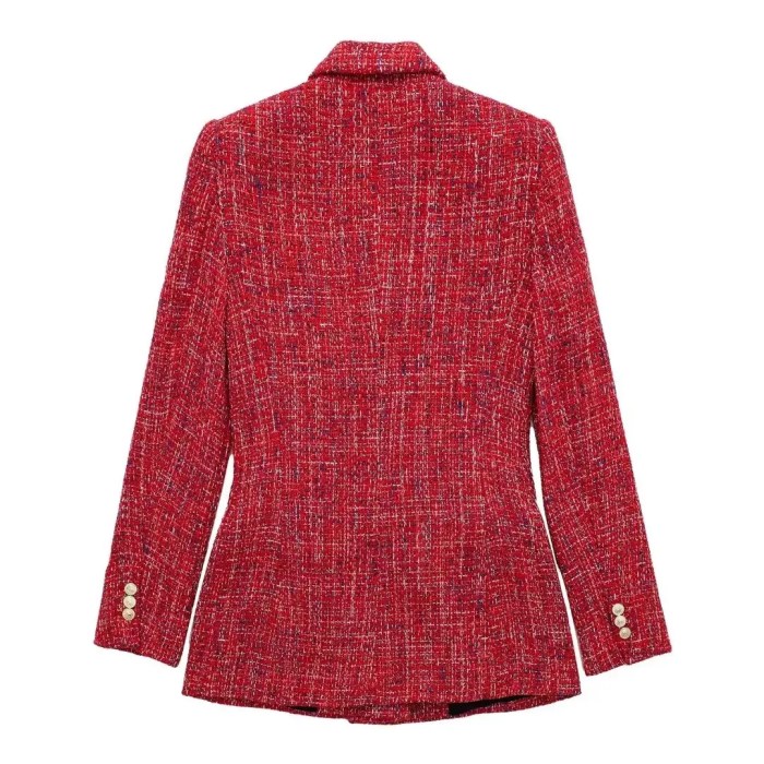 Womens Red Tweed Double Breasted Gold Button Detail Blazer