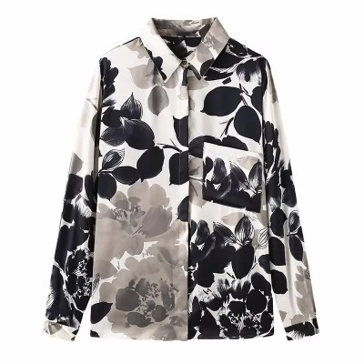 Womens Black & Ivory Floral Print Long Sleeve Shirt Womens Black & Ivory Floral Print Long Sleeve Shirt