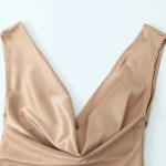 Womens Silk Satin Glam Low Cut Backless Midi Dress in Champagne Gold Womens Silk Satin Glam Low Cut Backless Midi Dress in Champagne Gold
