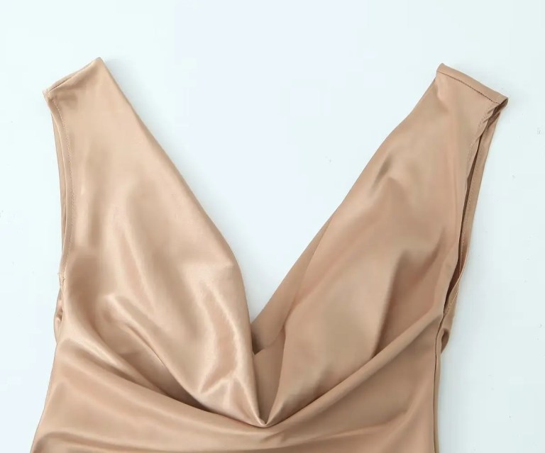 Womens Silk Satin Glam Low Cut Backless Midi Dress in Champagne Gold Womens Silk Satin Glam Low Cut Backless Midi Dress in Champagne Gold