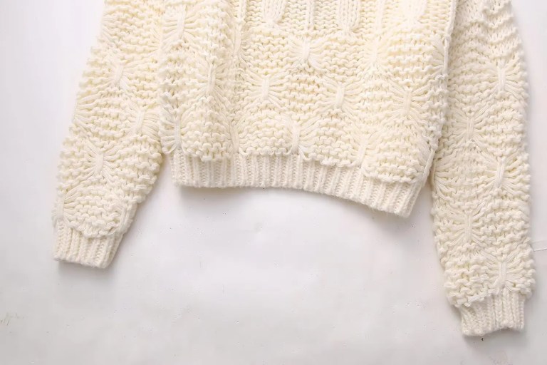 Womens Textured Ivory Knit Round Collar Jumper