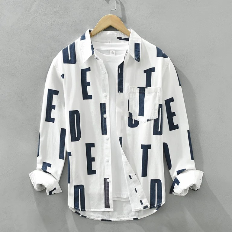Retro Design Men’s Long Sleeve Shirt with Letter Printing