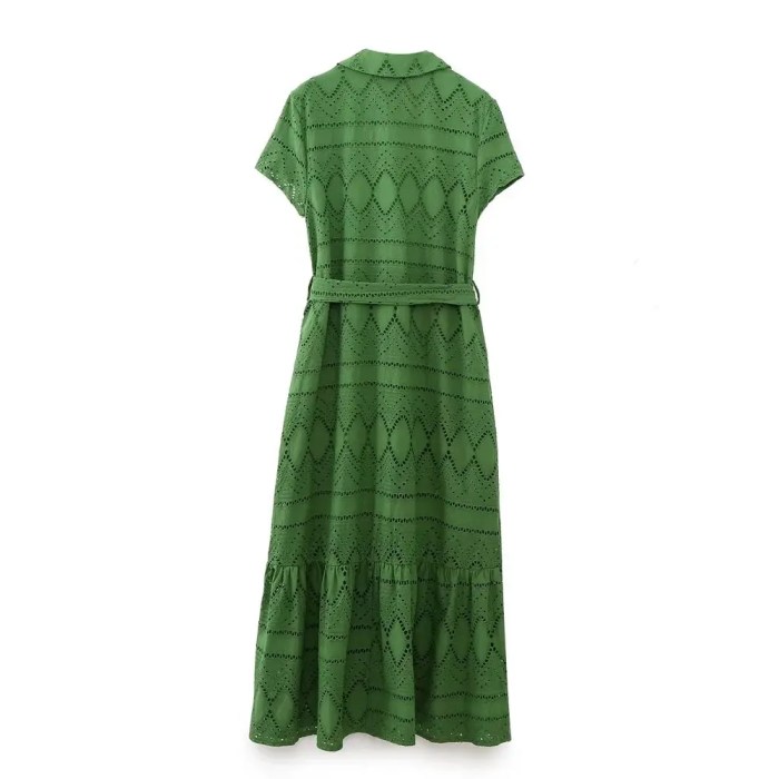 Womens Embroidered Green Shirt Style V Neck Long Button dress Womens Embroidered Green Shirt Style V Neck Long Button dress
