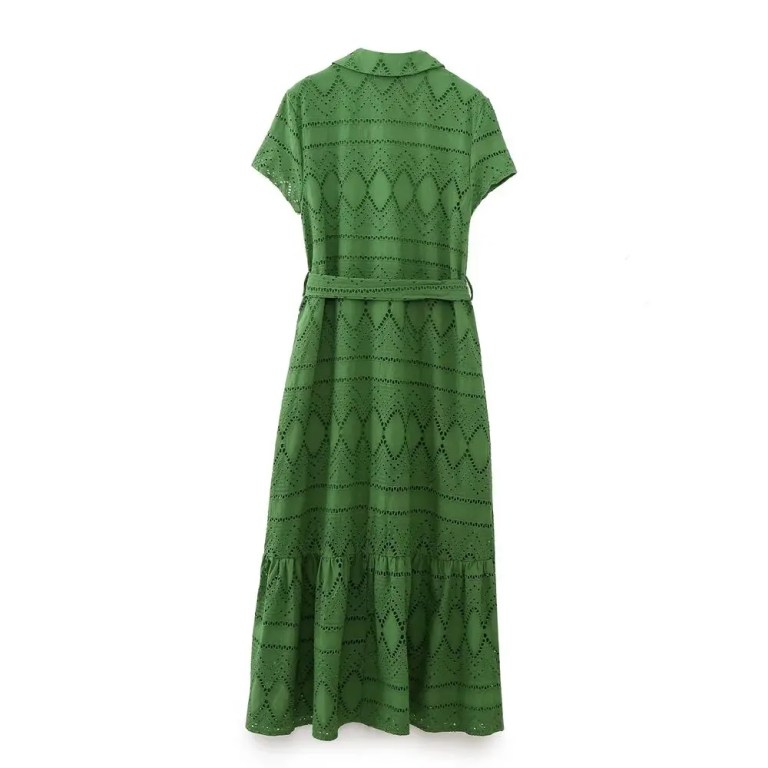 Womens Embroidered Green Shirt Style V Neck Long Button dress