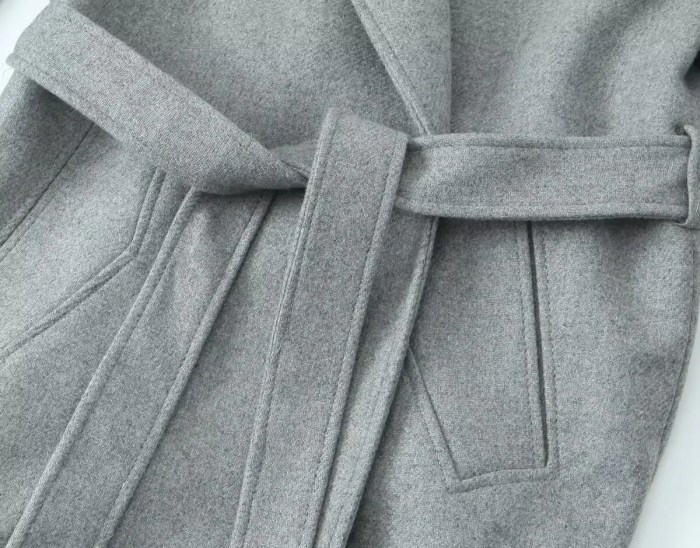Womens Gray Belt Oversized Lapel Long Sleeve Pocket Coat