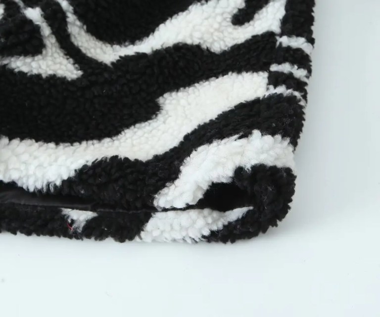 Womens Black and White Faux Wool Vintage Zip Long-Sleeved Jacket High Neck