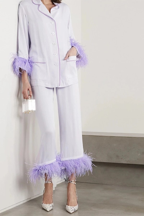 Luxury Womens Silky Lilac Purple Feather Pyjama Set Luxury Womens Silky Lilac Purple Feather Pyjama Set
