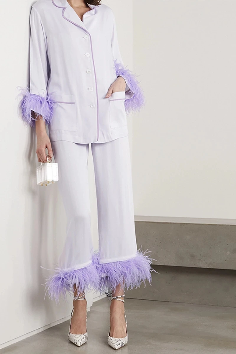 Luxury Womens Silky Lilac Purple Feather Pyjama Set