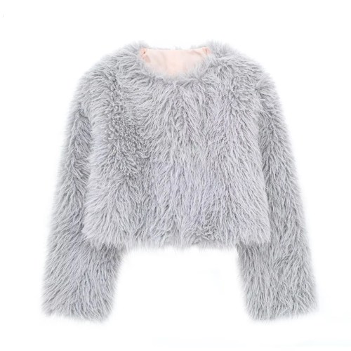 Womens Thick Eco-friendly Fur Vintage Short Coat in Ice Gray