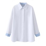 Womens Classic Oversized White Shirt with Collar Blue Detail