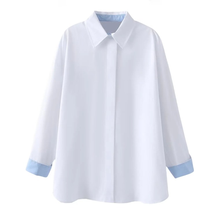 Womens Classic Oversized White Shirt with Collar Blue Detail