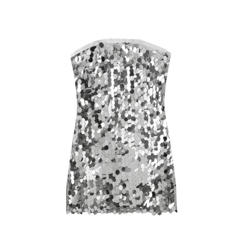 Womens Strapless Silver beaded Tube Backless Party Mini Dress