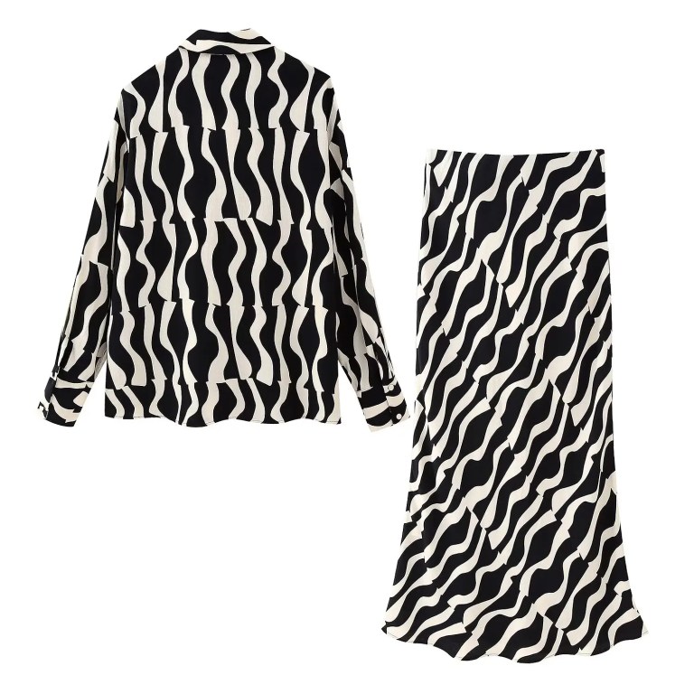 Womens Black & White Swirl Print Shirt + Midi Skirt Set