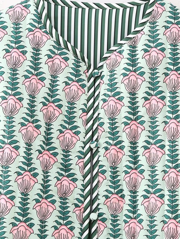 Womens Floral Print Fan Quilted Vintage Coat Pink Green