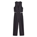 Womens Pleated Long Drop V Neck Side Cutout Vest Playsuit