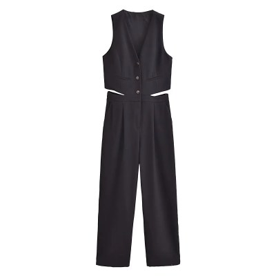 Womens Pleated Long Drop V Neck Side Cutout Vest Playsuit