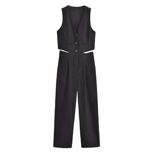 Womens Pleated Long Drop V Neck Side Cutout Vest Playsuit