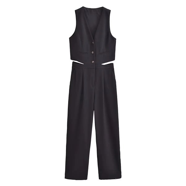Womens Pleated Long Drop V Neck Side Cutout Vest Playsuit