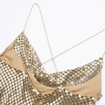Womens Gold Mesh Spaghettini Strap Backless Slim Mini Party Dress
