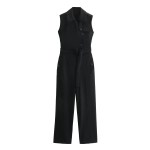Womens Black Sleeveless Playsuit with Belt Button Pocket Straight Fit Womens Black Sleeveless Playsuit with Belt Button Pocket Straight Fit