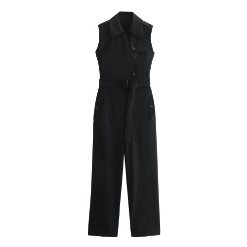 Womens Black Sleeveless Playsuit with Belt Button Pocket Straight Fit Womens Black Sleeveless Playsuit with Belt Button Pocket Straight Fit