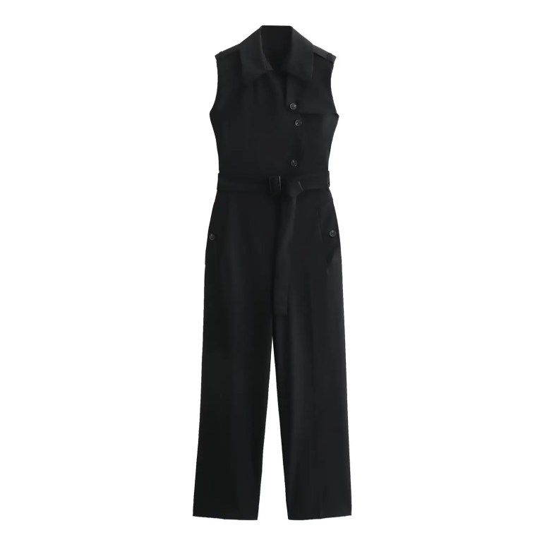 Womens Black Sleeveless Playsuit with Belt Button Pocket Straight Fit Womens Black Sleeveless Playsuit with Belt Button Pocket Straight Fit