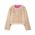 Women Faux Fur Cream Vintage Round Collar Jacket Women Faux Fur Cream Vintage Round Collar Jacket