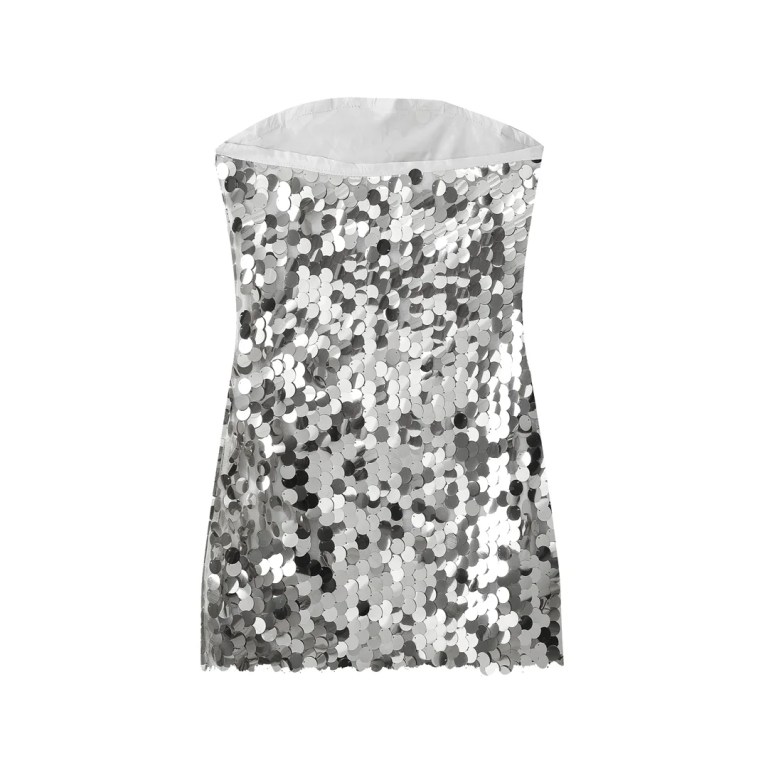 Womens Strapless Silver beaded Tube Backless Party Mini Dress
