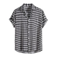 Summer Cotton Blend Men’s Houndstooth Plaid Short Sleeve Shirt – Streetwear Fashion