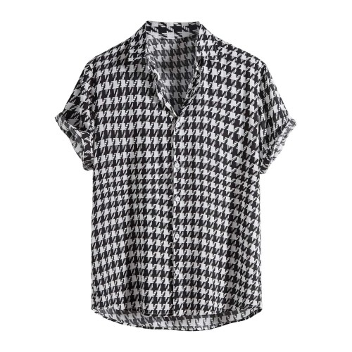Summer Cotton Blend Men’s Houndstooth Plaid Short Sleeve Shirt – Streetwear Fashion