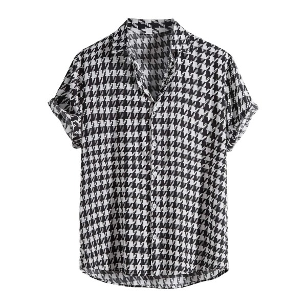 Summer Cotton Blend Men’s Houndstooth Plaid Short Sleeve Shirt – Streetwear Fashion