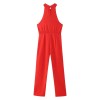 Womens Red Halter Sleeveless Long Wide-leg Jumpsuit Vintage Sleeveless