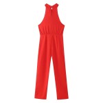 Womens Red Halter Sleeveless Long Wide-leg Jumpsuit Vintage Sleeveless