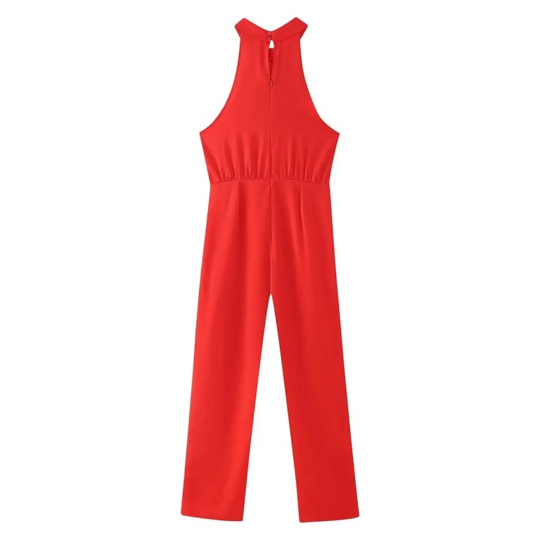 Womens Red Halter Sleeveless Long Wide-leg Jumpsuit Vintage Sleeveless