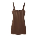 Womens Silk Satin Nude Slim Fit Strap Mini Dress in Chocolate