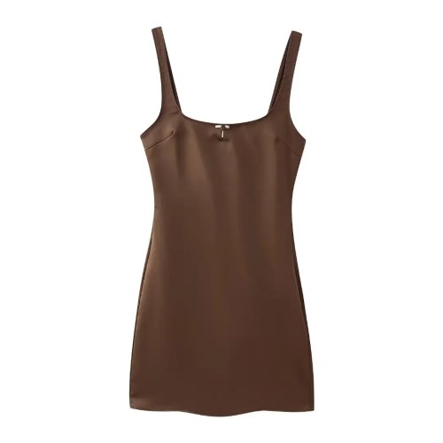 Womens Silk Satin Nude Slim Fit Strap Mini Dress in Chocolate Womens Silk Satin Nude Slim Fit Strap Mini Dress in Chocolate
