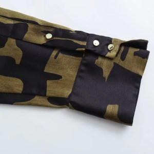 Womens Black Military Green Silk Satin Print Shirt Gold Button Detail Womens Black Military Green Silk Satin Print Shirt Gold Button Detail