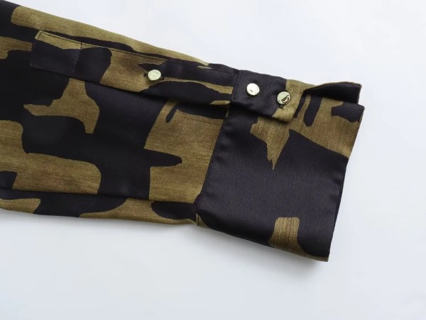 Womens Black Military Green Silk Satin Print Shirt Gold Button Detail Womens Black Military Green Silk Satin Print Shirt Gold Button Detail